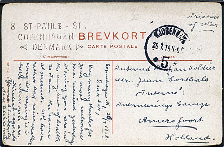 Ufrankeret krigsfange brevkort fra Kjøbenhavn d. 25.7.1918 til interneret belgisk soldat i Interneringslejr Amersfoort, Holland.