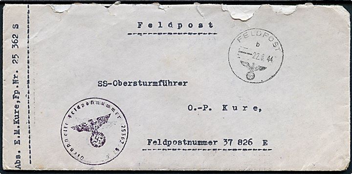 Ufrankeret feltpostbrev stemplet Feldpost d. 22.8.1944 til dansk SS-Obersturmführer O.-P- Kure ved feldpost nr. 37826E (= 8. Kompanie Panzergrenadier-Regiment 24 (11. SS-Division)). Sendt fra hans hustru ved feldpost nr. 25362S (=  OT-Einsatzgruppe Wiking (Oslo)) med briefstempel. Urent åbnet.