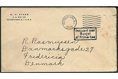Brev fra Rutherford, USA 1929 til Fredericia, Danmark med rammestempel: Indgaaet med Mangel af Frimærker.