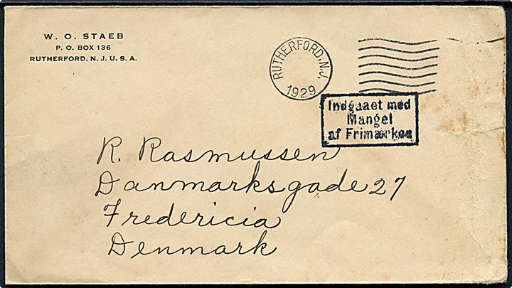 Brev fra Rutherford, USA 1929 til Fredericia, Danmark med rammestempel: Indgaaet med Mangel af Frimærker.