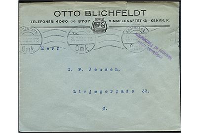 Lokalbrev i København d. 31.3.1927 med violet stempel Indgaaet med Mangel af Frimærker.