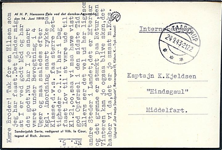 Ufrankeret Interneretpost brevkort fra Taastrup d. 24.9.1943 til kaptajn K. Kjeldsen interneret på Hindsgavl pr. Middelfart.