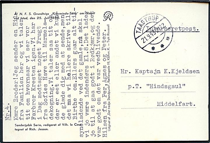 Ufrankeret Interneretpost brevkort fra Taastrup d. 21.9.1943 til kaptajn K. Kjeldsen interneret på Hindsgavl pr. Middelfart.