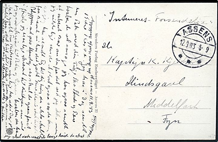Ufrankeret Interneretpost brevkort fra Assens d. 12.9.1943 til kaptajn K. Kjeldsen interneret på Hindsgavl pr. Middelfart.
