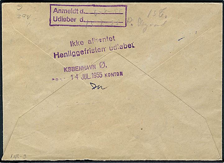 25 øre firmafranko og 40 øre Fr. IX på rudekuvert sendt anbefalet i København d. 5.7.1955. Retur som ikke afhentet.