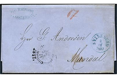 1857. Portobrev fra Kjøbenhavn d. 28.11.1857 via Svinesund d. 3.12.1857 til Mandal, Norge.