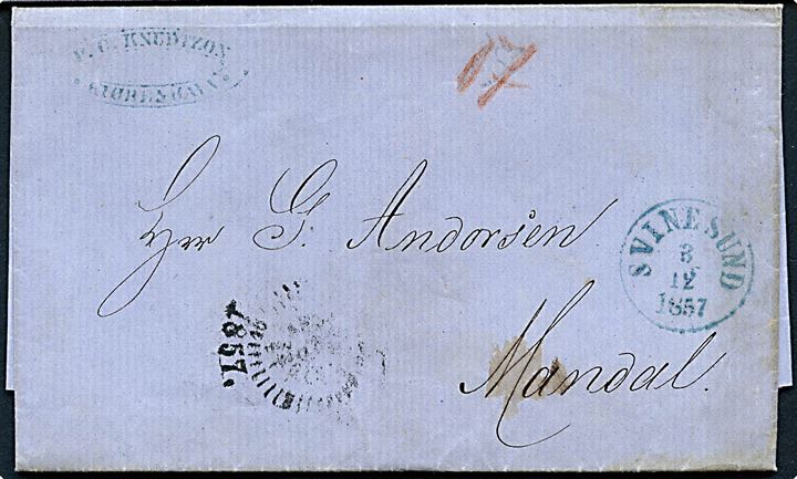 1857. Portobrev fra Kjøbenhavn d. 28.11.1857 via Svinesund d. 3.12.1857 til Mandal, Norge.