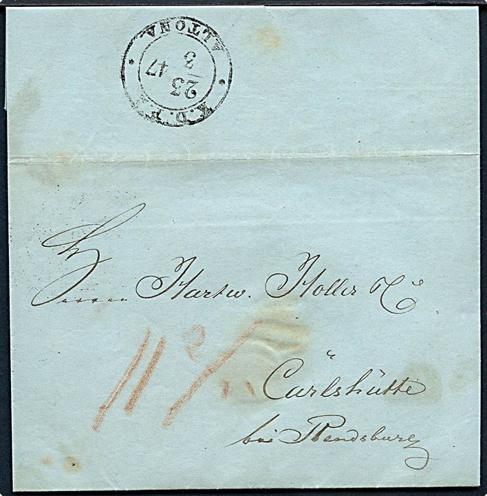 1847. Portobrev med indhold dateret i Ottensen med antiqua K.D.P.A. Altona d. 23.3.1847 til Carlshütte bei Rendsburg.                                                                                                                                                                                                                                                                                                                                                                                                                                                                                                                                                                                                                                                                                                                                                                                                                                                                                                                                                                                                                                                                                                                                                                                                                                                                                                                                                                                                                                                                                                                                                                                                                                                                                                                                                                                                                                                                                                                                                                                                                                                                                                                                                                                                                                                                                                                                                                                                                                                                                                                                                                                                            