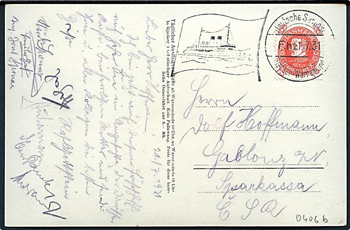 15 øre Chr. X 60 år på brevkort (Salon-Fährschiff Schwerin) annulleret med tysk skibsstempel Deutsche Seepost Gedser - Warnemünde F.h. d. 1.7.1931 til Gablonz, Tjekkoslovakiet.