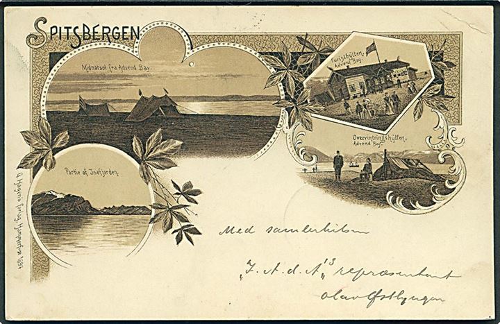 10 øre Posthorn på brevkort (Lith. partier fra Advent Bay, Spitsbergen. G. Hagen’s Forlag 1897) stemplet Advent Bay * Spitsbergen * d. 24.7.1899 til Chrudim, Böhmen, Østrig. 
