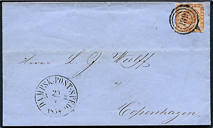 4 sk. 1854 udg. på dampskibsbrev annulleret med nr.stempel 189 og sidestemplet antiqua Dampsk:Post-Sped: Nr. 3. d. 20.7.1858 til Kjøbenhavn.