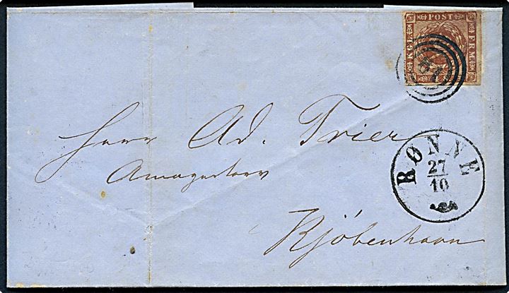4 sk. 1858 udg. på brev annulleret med nr.stempel 61 og sidestemplet antiqua Rønne d. 27.10.1860 til Kjøbenhavn.