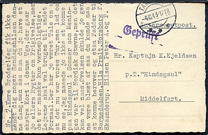 Ufrankeret interneret brevkort fra Taastrup d. 4.10.1943 til kaptajn interneret på Hindgavl pr. Middelfart. Blå stalag-censur Geprüft.