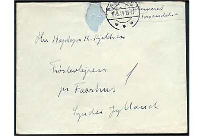 Ufrankeret interneret forsendelse med indhold fra Assens d. 14.8.1944 til dansk kaptajn indsat i Frøslevlejren pr. Faarhus. Revet i toppen.