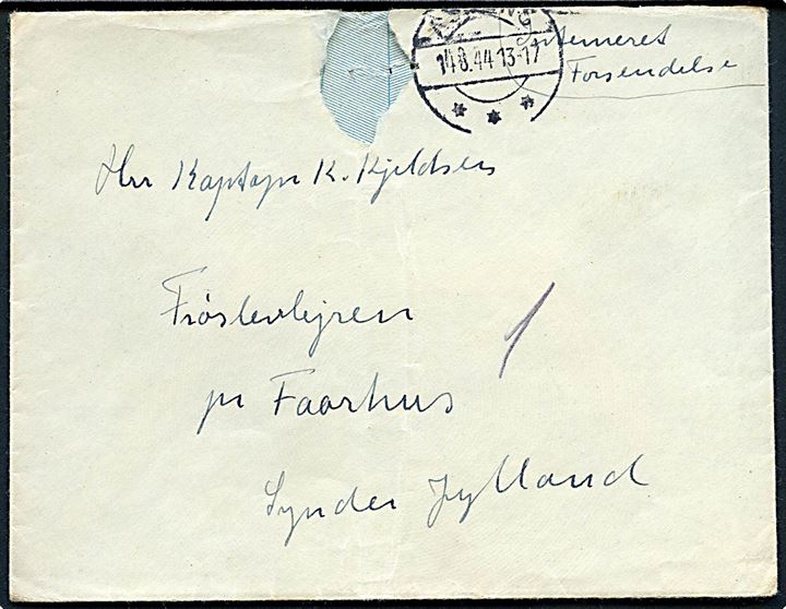 Ufrankeret interneret forsendelse med indhold fra Assens d. 14.8.1944 til dansk kaptajn indsat i Frøslevlejren pr. Faarhus. Revet i toppen.