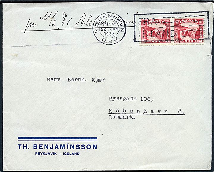 20 aur Gullfoss i parstykke på brev fra Reykjavik annulleret med skibsstempel København OMK. / Fra Island d. 23.1.1938 til København, Danmark. Påskrevet pr. M/S Dr. Alexandrine.