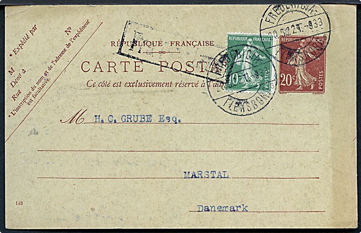 Fransk 20 c. helsagsbrevkort opfrankeret med 10 c. fra Paris annulleret med dansk bureaustempel Fredericia - Flensborg sn5 d. T. 933 d. 20.5.1922 og sidestemplet Fra Tyskland til Marstal, Danmark.