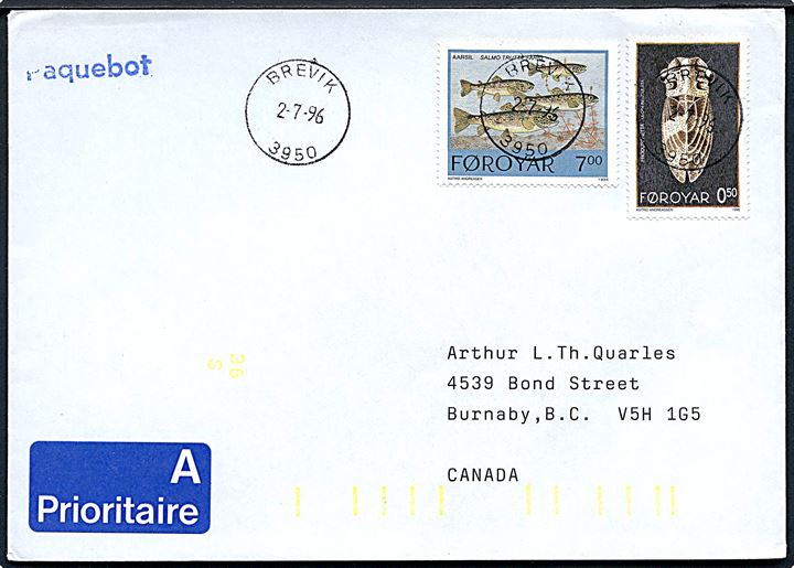 50 øre Cikade og 7 kr. Fisk på skibsbrev annulleret med norsk stempel i Brevik d. 2.7.1996 og sidestemplet Paquebot til Burnaby, Canada.