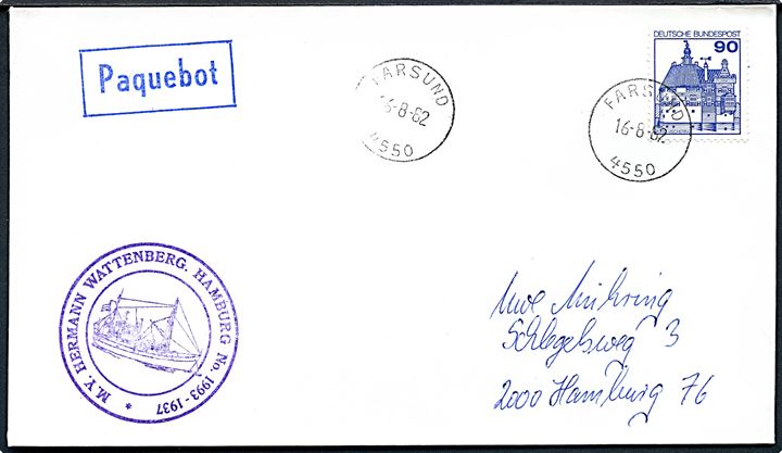 90 pfg. på brev annulleret med norsk stempel i Farsund d. 16.8.1982 og sidestemplet Paquebot til Hamburg, Tyskland.