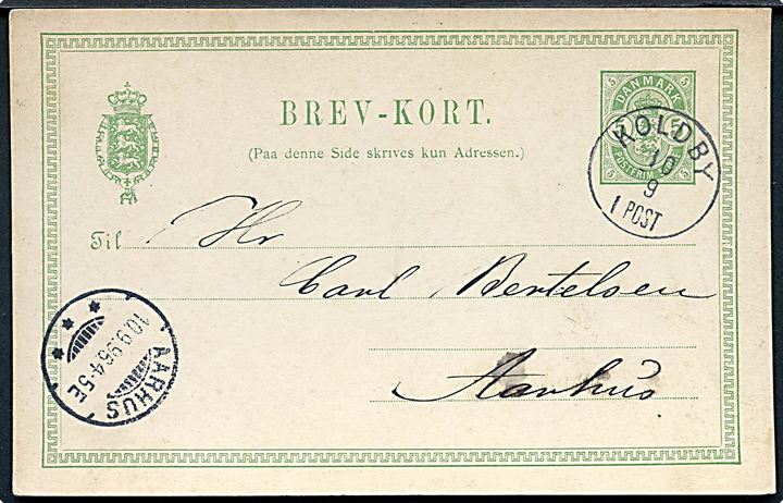 5 øre Våben helsagsbrevkort annulleret med lapidar Koldby d. 10.9.1896 til Aarhus.
