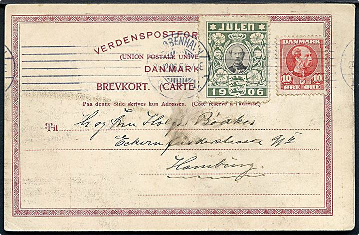 10 øre Chr. IX og Julemærke 1906 på brevkort fra Kjøbenhavn d. 24.12.1906 til Hamburg, Tyskland.