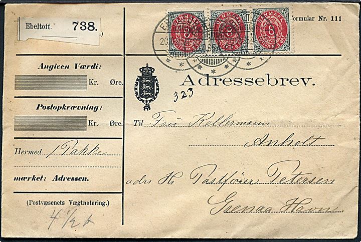 8 øre Tofarvet i vandret 3-stribe på adressebrev for pakke fra Ebeltoft d. 20.10.1895 til Anholt pr. adresse: Postfører Petersen, Grenaa Havn.