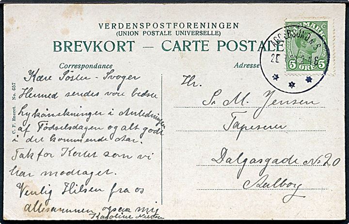 5 øre Chr. X på brevkort annulleret med brotype IIIb Aggersund b.S. d. 2.11.1914 til Aalborg. Stempel leveret d. 24.10.1914 - svag læselig datoindstilling.