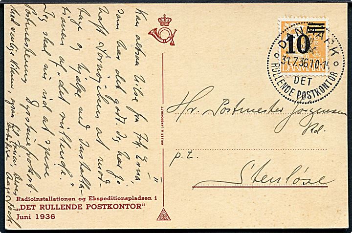 10/30 øre Provisorium på brevkort annulleret med særstempel Danmark * Det Rullende Postkontor * d. 31.7.1936 til Stenløse. Det rullende Postkontor var opstillet i Esbjerg i dagene 31.7.-1.8.1936 i forbindelse med dyreskue.