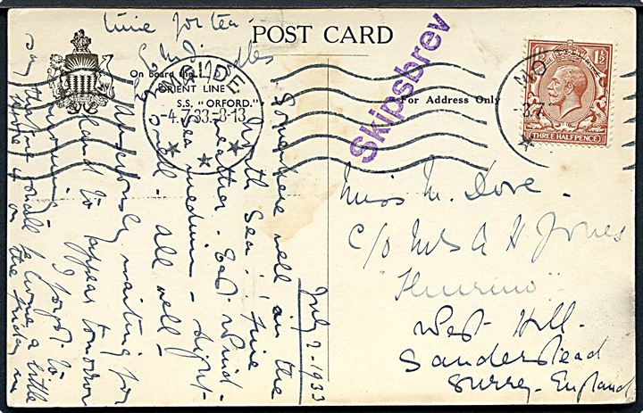 1½d George V på brevkort (S/S Orford) annulleret med norsk stempel Molde d. 4.7.1933 og sidestemplet Skipsbrev til England.