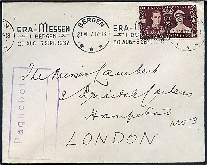 1½d Coronation på Canadian Pacific Steamship Lines kuvert annulleret med TMS i Bergen d. 21.6.1937 og sidestemplet Paquebot til London, England.
