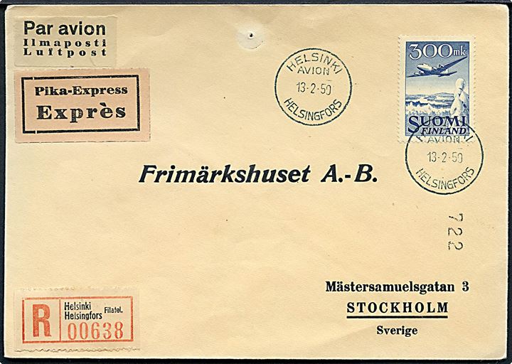 300 mk. Luftpost single på FDC sendt som anbefalet ekspres luftpost fra Helsinki d. 13.2.1950 til Stockholm, Sverige. Nålehul.