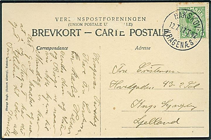 5 øre Chr. X på brevkort (Kragenæs havn) annulleret med tydeligt brotype IIIe bureaustempel Nakskov - Kragenæs T.42 d. 12.7.1917 til Lyngby. Meget smukt aftryk. 