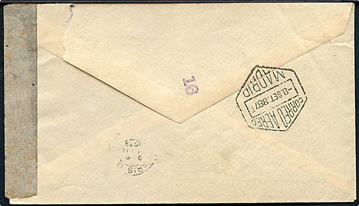 2,75 p. blandingsfrankeret brev fra Madrid d. 7.9.1938 til Paris, Frankrig. Åbnet af spansk censur.