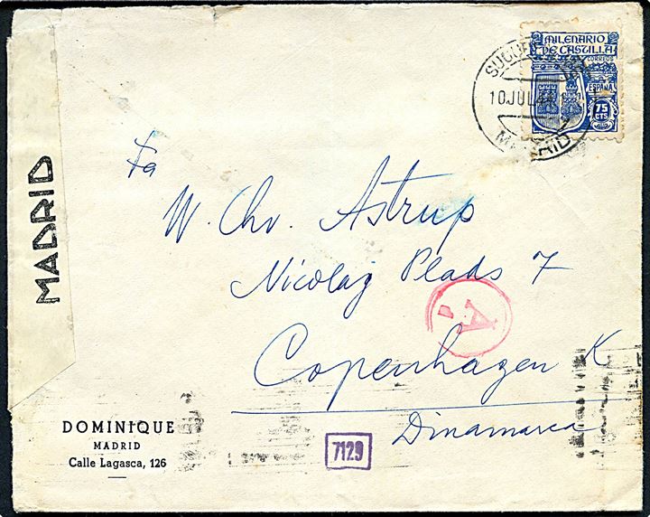 75 cts. single på brev fra Madrid d. 10.7.1944 til København, Danmark. Åbnet af lokal censur i Madrid og passérstemplet Ad af den tyske censur i München.