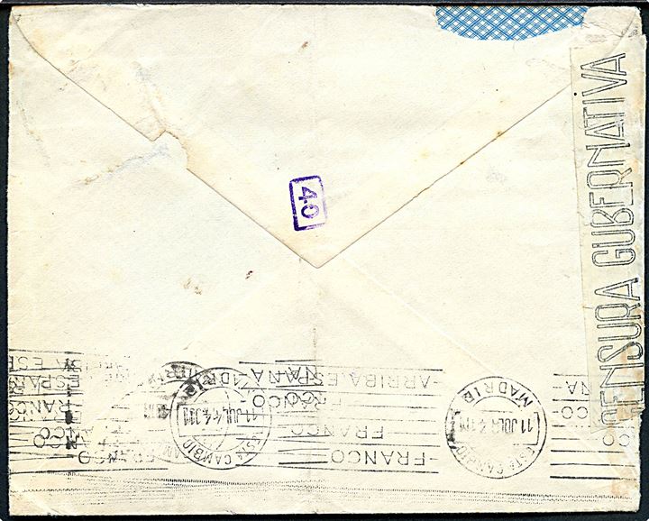 75 cts. single på brev fra Madrid d. 10.7.1944 til København, Danmark. Åbnet af lokal censur i Madrid og passérstemplet Ad af den tyske censur i München.