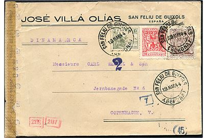 15 cts. 20 cts. og 40 cts. på brev fra San Feliu de Guixols d. 19.3.1944 til København, Danmark. Spansk censur fra Barcelona og åbnet af tysk censur i München.