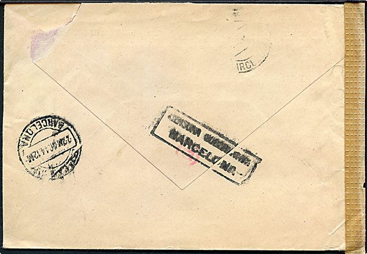 15 cts. 20 cts. og 40 cts. på brev fra San Feliu de Guixols d. 19.3.1944 til København, Danmark. Spansk censur fra Barcelona og åbnet af tysk censur i München.