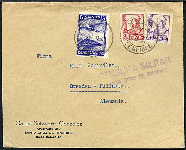 20 cts., 30 cts. Isabel og 5 cts. Kanariske Øer lokal udg. på brev fra Santa Cruz de Tenerife d. 9.7.1937 til Dresden, Tyskland. Lokal spansk censur fra Santa Cruz de Tenerife.