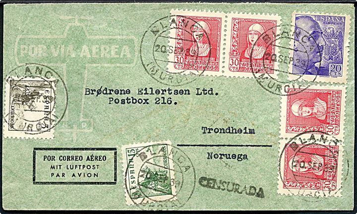 5 cts., 15 cts. Rytter, 20 cts. Franco og 30 cts. Isabel (4) på luftpostbrev fra Blanca d. 20,9,1939 til Trondheim, Norge. Lokal spansk censur.