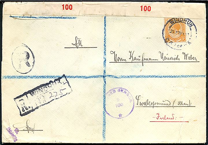 South Africa 1 sh. George V single anvendt i det besatte South West Africa på anbefalet brev fra Windhuk d. 25.5.1918 til Swakopmund. Åbnet af sydafrikansk censur. 