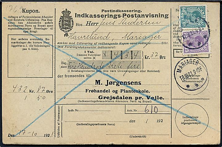 15 øre og 60 øre Chr. X på retur Indkasserings-Postanvisning fra Vejle d. 17.10.1921 til Mariager.