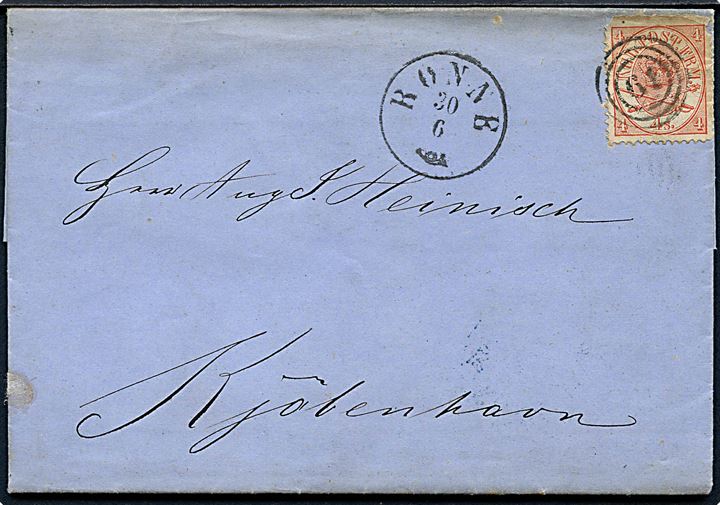 4 sk. Krone/Scepter (defekt) på brev annulleret med nr.stempel 61 og sidestemplet antiqua Rønne d. 30.6.1868 til Kjøbenhavn.