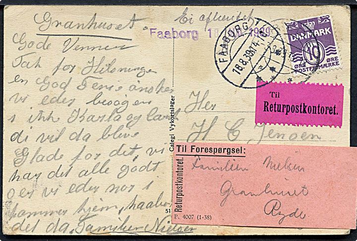 10 øre Bølgelinie på brevkort fra Ryde d. 3.8.1939 til poste restante i Faaborg. Retur via returpostkontoret da brevkortet ikke er blevet afhentet.