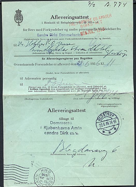 Afleveringsattest formular F.71 6/34 (A.6) stemplet Glostrup d. 22.6.1936 til København.