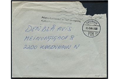 Brev stemplet København PTM d. 11.3.1985 til København med sort 2-liniestempel: Frimærket faldet af ved stempling / Københavns Postterminal.