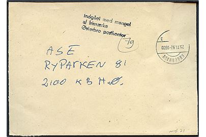 Lokalbrev i København d. 23.11.1992 med stempel Indgået med mangel af frimærke / Østerbro postkontor.