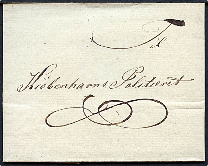 Privatbefordret brev til Kiöbenhavns Politieret. På bagsiden grønligt laksegl. Noteret 1819.