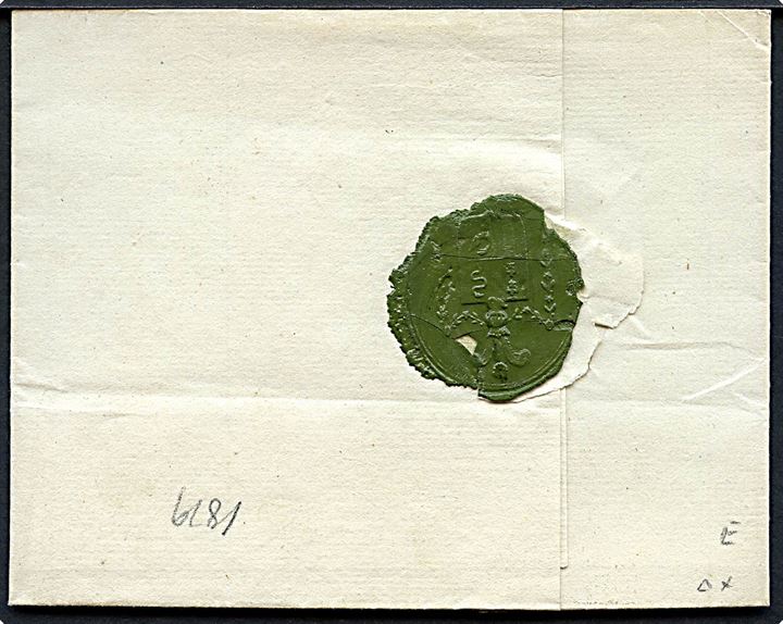 Privatbefordret brev til Kiöbenhavns Politieret. På bagsiden grønligt laksegl. Noteret 1819.