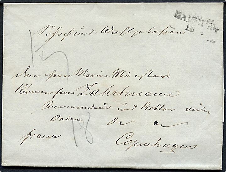 1848-50. Francobrev med svagt stempel HAMBURG 18.?.18xx til Marineminister Zahrtmann i København. Zahrtmann var marineminister fra 4.4.1848-10.8.1850.