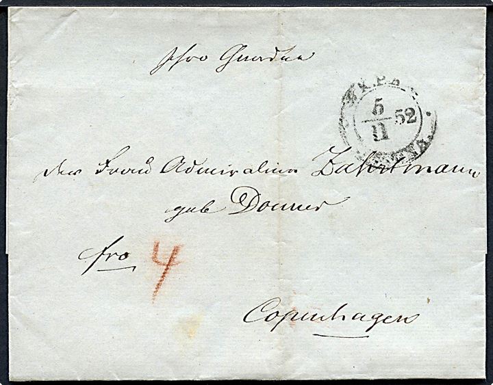 1852. Franco brev med antiqua K.P.A. Altona d. 5.11.1852 til admiralinde Zahrtmann i Kjøbenhavn. 